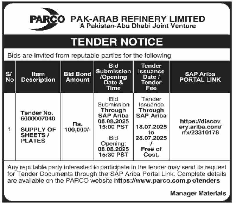 Pak Arab Refinery Limited Tender Notice